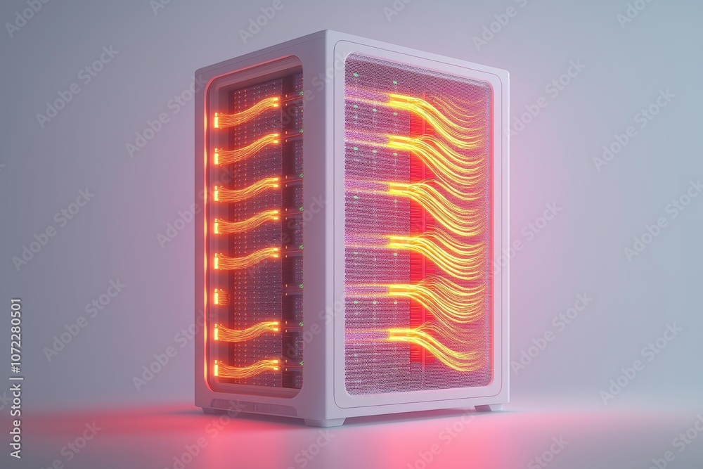 Poster Futuristic Server Rack with Flowing Red and Yellow Light Waves, Representing Data Processing and Advanced Technology, Generative AI