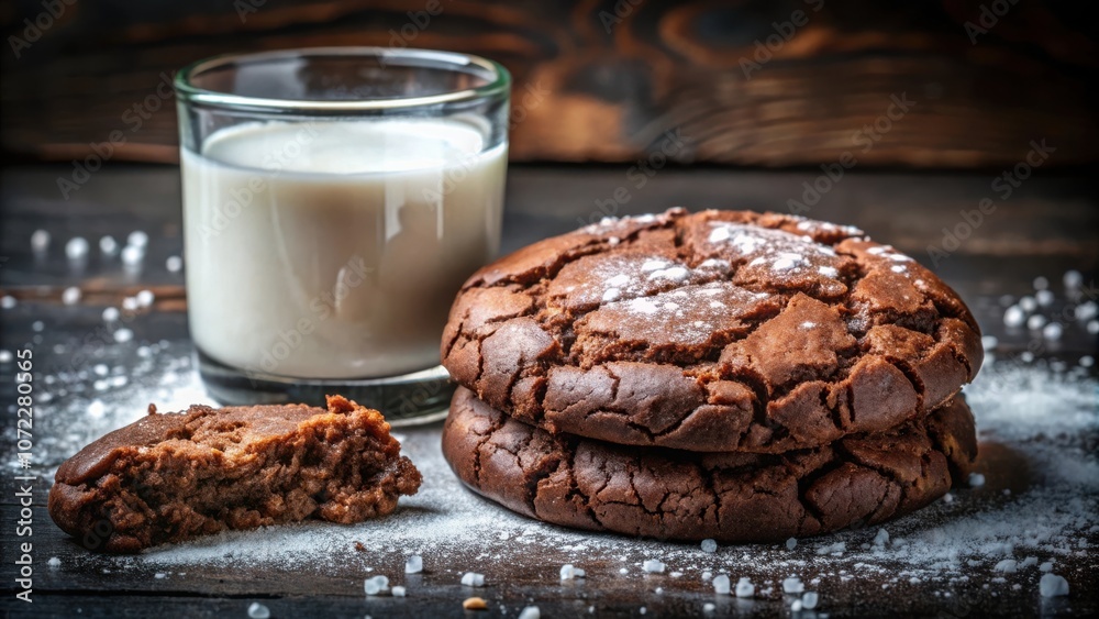 Poster chocolate chip cookies dusted with powdered sugar and a glass of milk on a rustic wooden table
