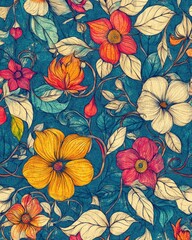 A detailed hand-drawn pattern with swirling vines and blooming flowers, illustrated in fine lines and vibrant colors, creating an elegant and artistic design suitable for home decor or fashion fabrics