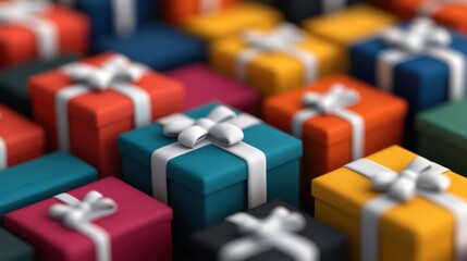 Obraz premium Close-up view of colorful gift boxes wrapped with white ribbons, perfect for festive occasions and holiday celebrations.