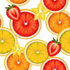 Seamless pattern orange fruit slice Half Citrus illustration tropical fruit exotic hand drawn clip art Gift Paper detailed drawing yellow red grapefruit limon Sicilian orange strawberry Carambola png