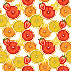 Seamless pattern orange fruit slice Half Citrus illustration tropical fruit exotic hand drawn clip art Gift Paper detailed drawing yellow red grapefruit limon Sicilian orange strawberry Carambola