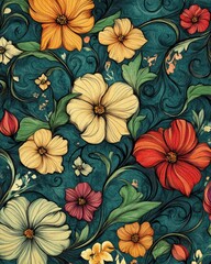 A detailed hand-drawn pattern with swirling vines and blooming flowers, illustrated in fine lines and vibrant colors, creating an elegant and artistic design suitable for home decor or fashion fabrics