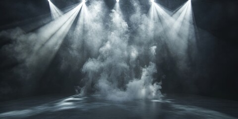 Ultra HD capture of dense smoke billowing across an empty stage, multiple overhead spotlights cutting through haze, dramatic light beams, black backdrop, overhead camera angle