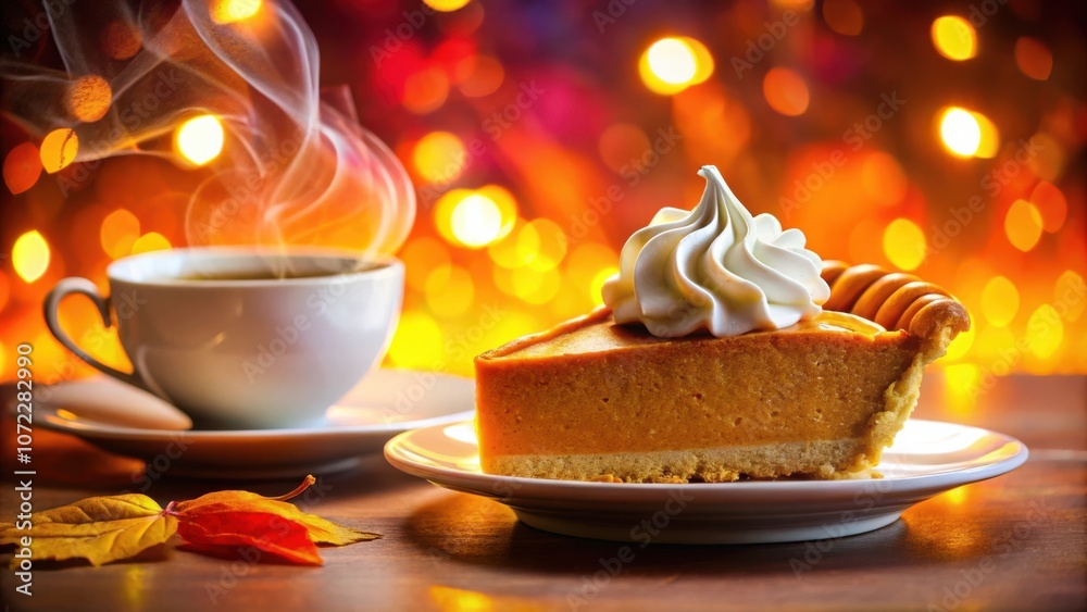 Poster a slice of pumpkin pie topped with whipped cream sits on a white plate next to a steaming cup of cof