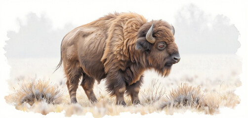 Fototapeta premium Watercolor illustration of a bison standing in a grassy prairie