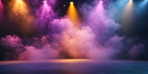 Ultra HD capture of iridescent smoke billowing across an empty stage, magenta and gold overhead spotlights cutting through haze