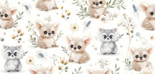 Obraz premium Seamless pattern of baby foxes surrounded by flowers in a cute style