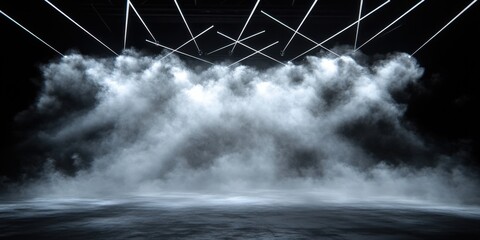 Ultra HD capture of luminous smoke billowing across an empty stage, tungsten white overhead spotlights cutting through haze