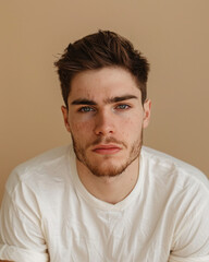 Fototapeta premium A young man with brown hair and a beard looks directly at the camera while wearing a white t-shirt