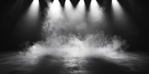 Ultra HD capture of pearlescent smoke billowing across an empty stage, stark white overhead spotlights cutting through haze, intersecting light beams