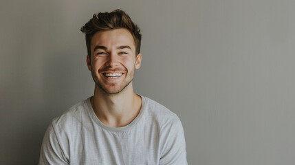 Fototapeta premium A young man smiles broadly while looking at the camera