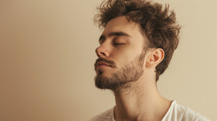 Fototapeta premium A young man with a beard closes his eyes while meditating against a pale background
