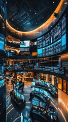 Modern Newsroom with Dynamic Tickers and Displays