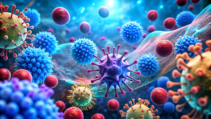 Fototapeta premium Immune cells, bloodstream, lymphocytes, macrophages, viruses, 3D render, high clarity, vibrant blues and purples, medical, scientific, high contrast, cellular interaction