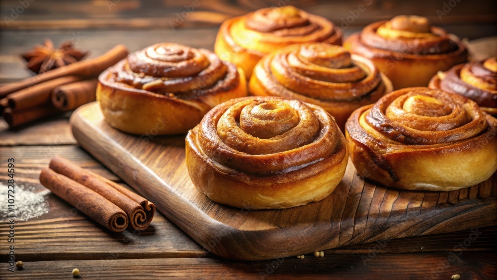 Aufkleber close-up of a group of golden brown cinnamon rolls with a delicate glaze and cinnamon sticks on a ru