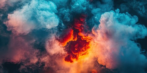 Ultra HD macro shot of electric aqua, neon gold, and brilliant red smoke explosion, overhead camera angle looking down