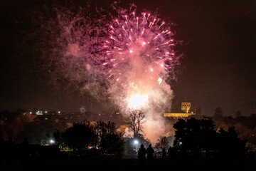fireworks overlooking park and cathedral