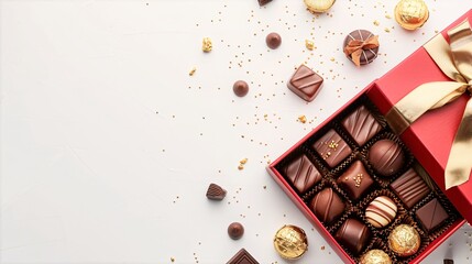 A box of luxury red chocolates lies open on a white background.