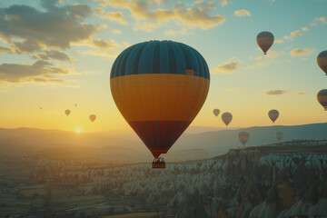 Hot air balloon is flying in the sky with other hot air balloons