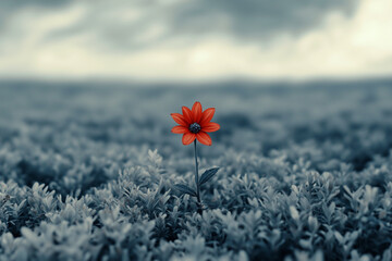 Red flower is in the middle of a field of green grass. The flower is the only thing visible in the image