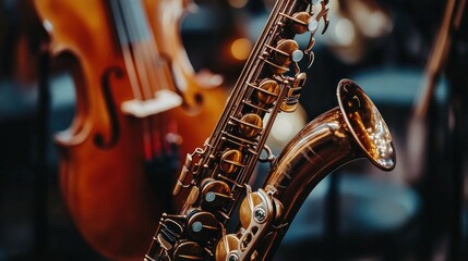 Obraz premium Close Up Of A Brass Saxophone With Blurred Cello Background