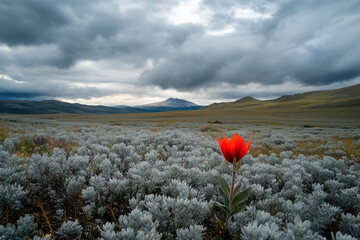 Lone red flower is standing in a field of grass. The field is surrounded by mountains and the sky is cloudy
