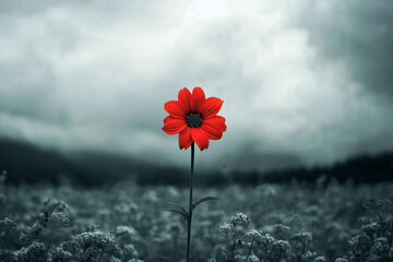 Red flower is in the middle of a field. The field is covered in grass and the sky is cloudy