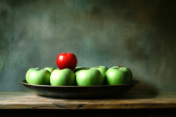 Red apple is placed in the middle of a plate with several green apples. The red apple is the only one that stands out