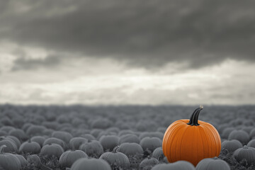 Single orange pumpkin is in the middle of a field of pumpkins. The field is full of pumpkins, with some of them being larger than the orange one