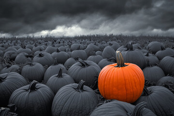 Single orange pumpkin is in the middle of a field of pumpkins