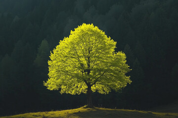 Large tree with green leaves is in the foreground. The tree is surrounded by a dark forest