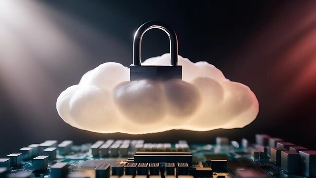 Cloud Security Solution: Locked Cloud Symbol Representing Encrypted Data on a Microchip.