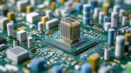 Obraz premium A close-up view of a computer circuit board featuring a central processing unit and various electronic components.
