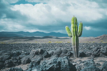 Cactus is standing in a rocky desert. The cactus is green and is the only plant in the area