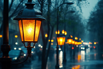 Street lamp is lit up in the rain. There are several other street lamps lit up in the background