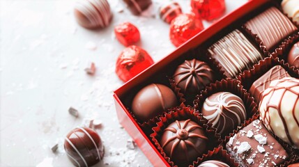 Close-up of a luxury red chocolate box opened on a white background.