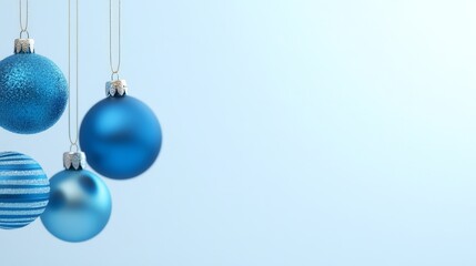 Fototapeta premium Shiny Baubles Hanging from Strings on White Background