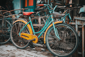 Yellow and blue bicycle is parked next to a group of other bicycles