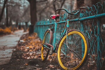 Yellow and blue bicycle is leaning against a fence