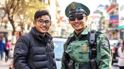 Fototapeta premium smiling police officer and young man posing together on city street