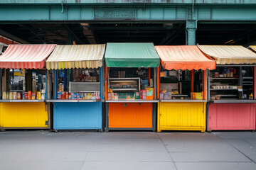 Row of colorful food stands with a yellow one in the middle