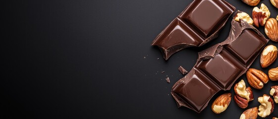 Fototapeta premium A delicious arrangement of dark chocolate pieces alongside assorted nuts, set against a sleek black background.