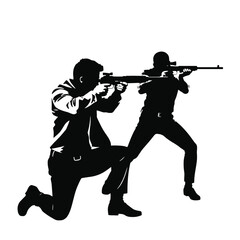 Obraz premium A vector silhouette of a man kneeling and aiming a gun, facing another man who is also aiming back in a tense standoff