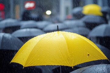 Yellow umbrella is in the rain with many other umbrellas. The umbrella is the only one that is not closed