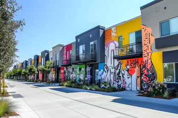 Street with colorful buildings and a mural on the side