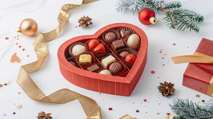 A red heart-shaped box with a light chocolate background.