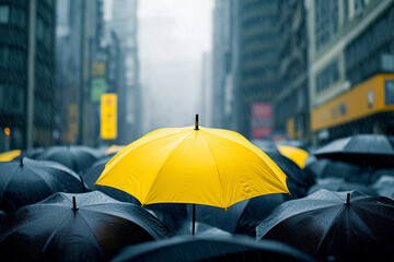 Yellow umbrella is in the middle of a group of black umbrellas