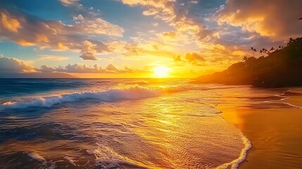A breathtaking sunset over the ocean, with golden hues reflecting on gentle waves, framed by a tropical shoreline and vibrant clouds.