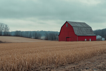 Red barn is in a field of tall grass